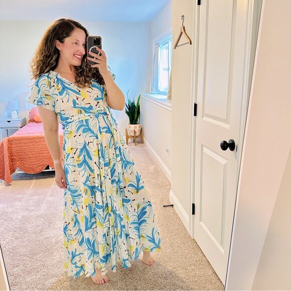 Tuckernuck Soler Yellow Blue Linen Floral Maxi Dress XS/S